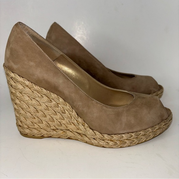 Stuart Weitzman Tan Suede Wedge Platform Peep Toe Espadrille Pumps Size 9.5 M - Picture 4 of 11
